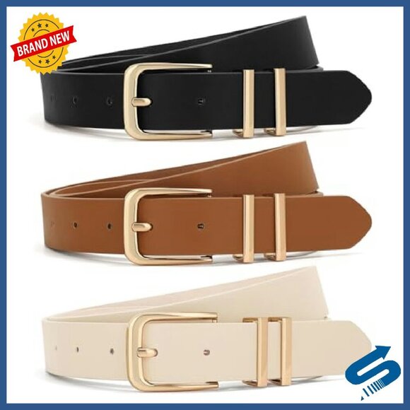3 Pack Women\'s Leather Belts Gold Buckle Sizes S-XXL Jeans Dresses